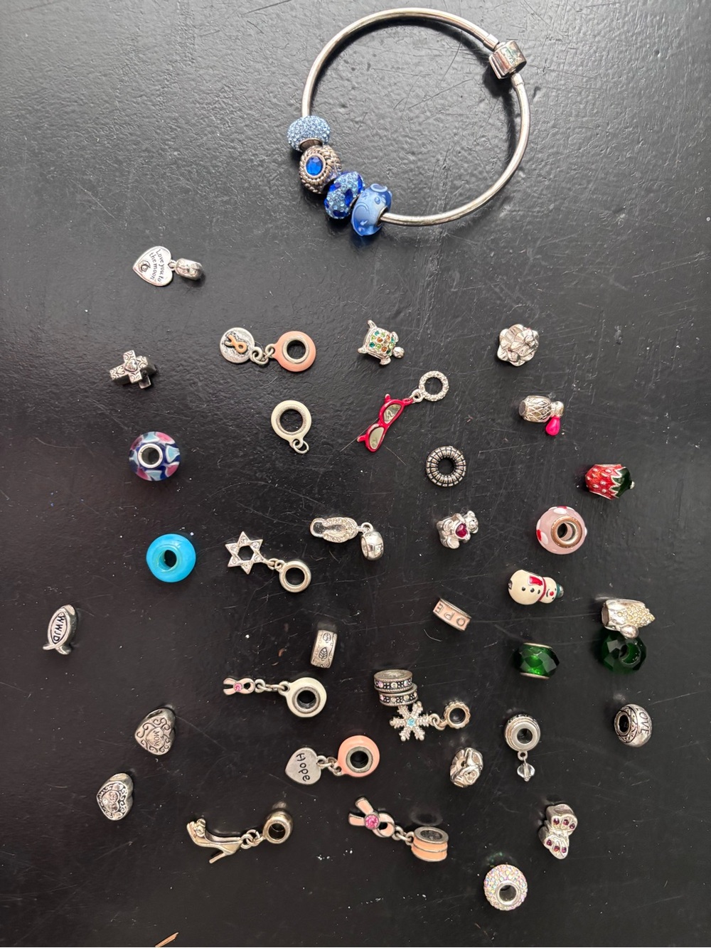 Sterling Charm Bracelet Set with Blue Glass Beads - Pandora Style